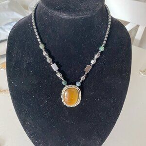African Hematite and Brown Amber Gemstone Necklace